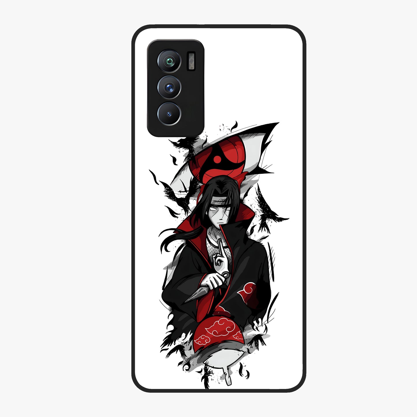 Itachi Sharingan Glass Case showing flat back view with powerful anime eye artwork and glossy glass finish.