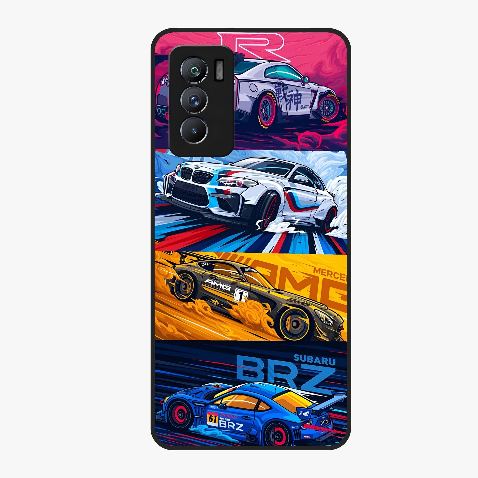 JDM Sports Car Glass Case showing flat back view with high performance sports car artwork and glossy glass finish.