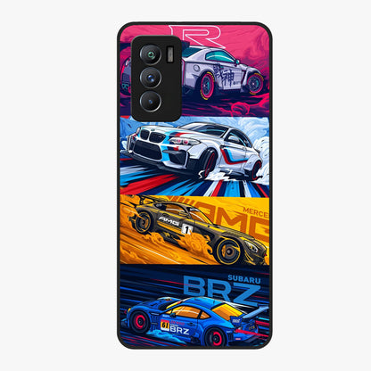 JDM Sports Car Glass Case showing flat back view with high performance sports car artwork and glossy glass finish.