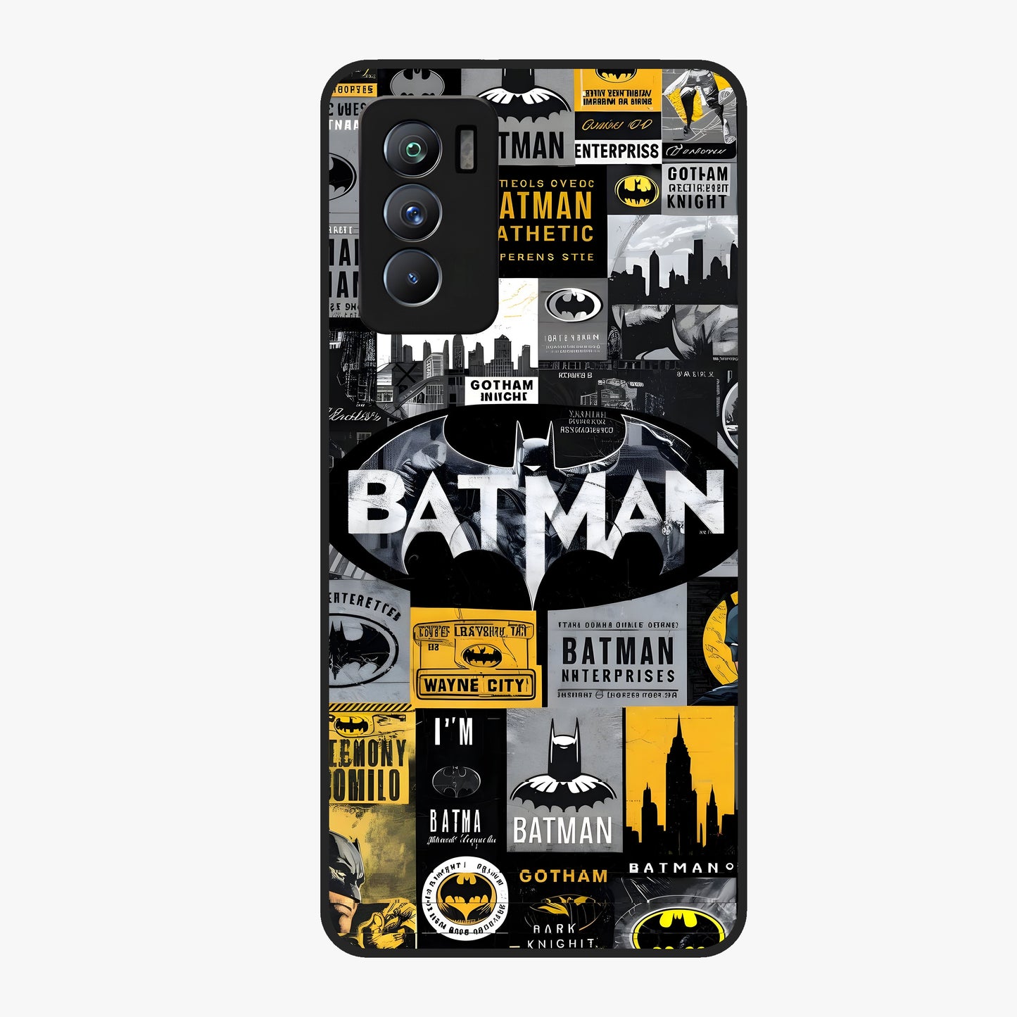 Knight Gotham Rise Glass Case showing flat back view with dark hero inspired artwork and glossy glass finish.
