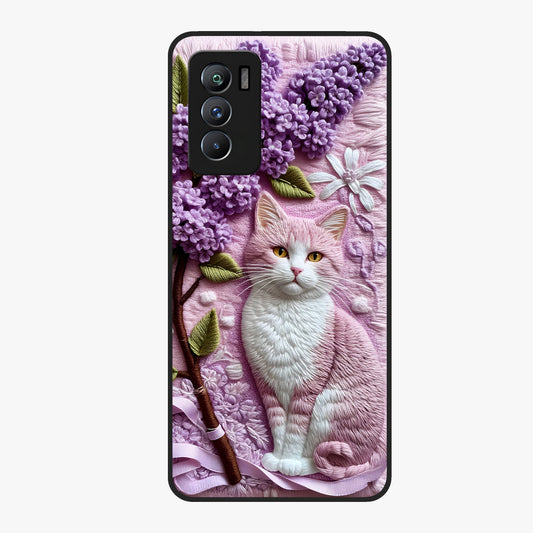 Lavender Cat Whimsy Glass Case showing flat back view with cute lavender cat artwork and glossy glass finish.