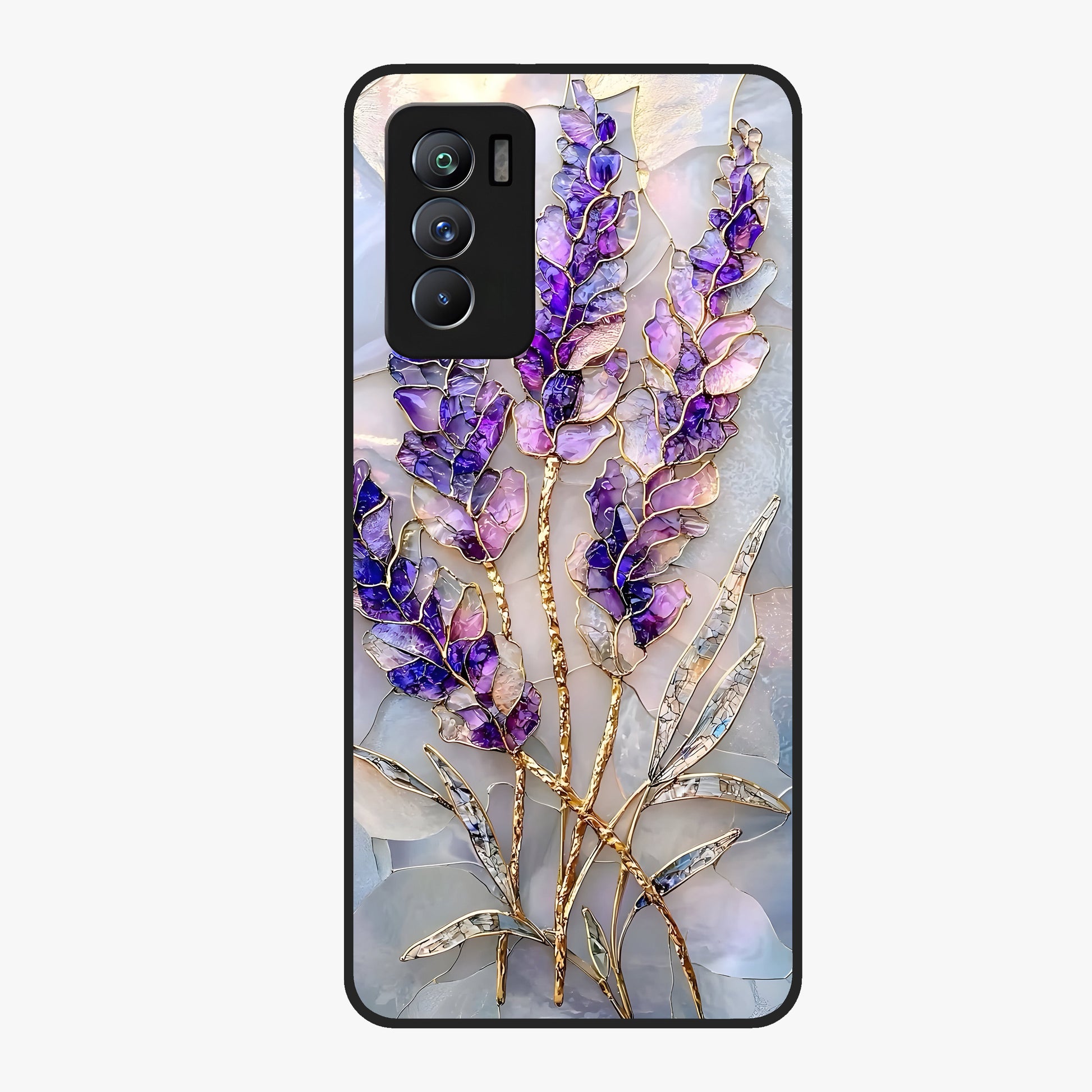 Lavender Dream Glow Glass Case showing flat back view with glowing lavender aesthetic artwork and glossy glass finish.