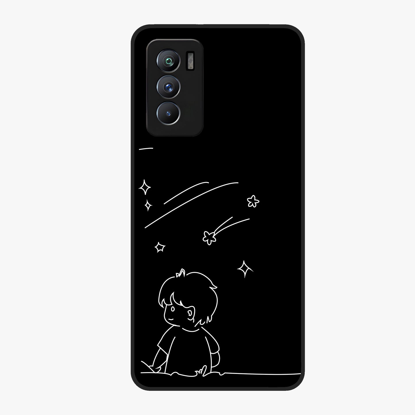 Line Art Boy With Shooting Stars Glass Case showing flat back view with minimal line art boy and shooting stars illustration and glossy glass finish.