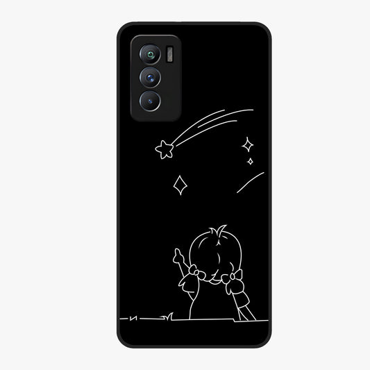 Line Art Girl With Shooting Stars Glass Case showing flat back view with minimal line art girl and shooting stars illustration and glossy glass finish.