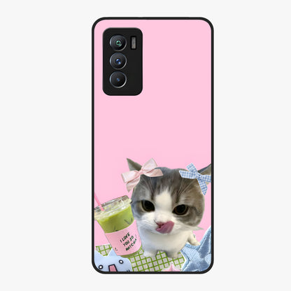 Love Matcha Cat Glass Case showing flat back view with cute cat and matcha themed artwork and glossy glass finish.