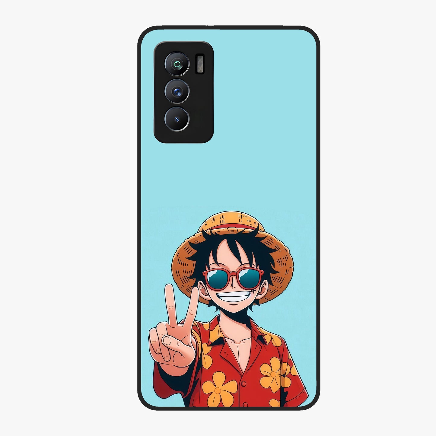 Luffy Summer Anime Vibe Glass Case showing flat back view with vibrant anime character artwork and glossy glass finish.