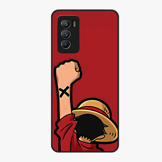 Luffy X Spirit Glass Case showing flat back view with bold anime character artwork and glossy glass finish.
