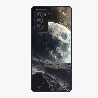 Lunar Horizon Glow Glass Case showing flat back view with glowing moon horizon artwork and glossy glass finish.