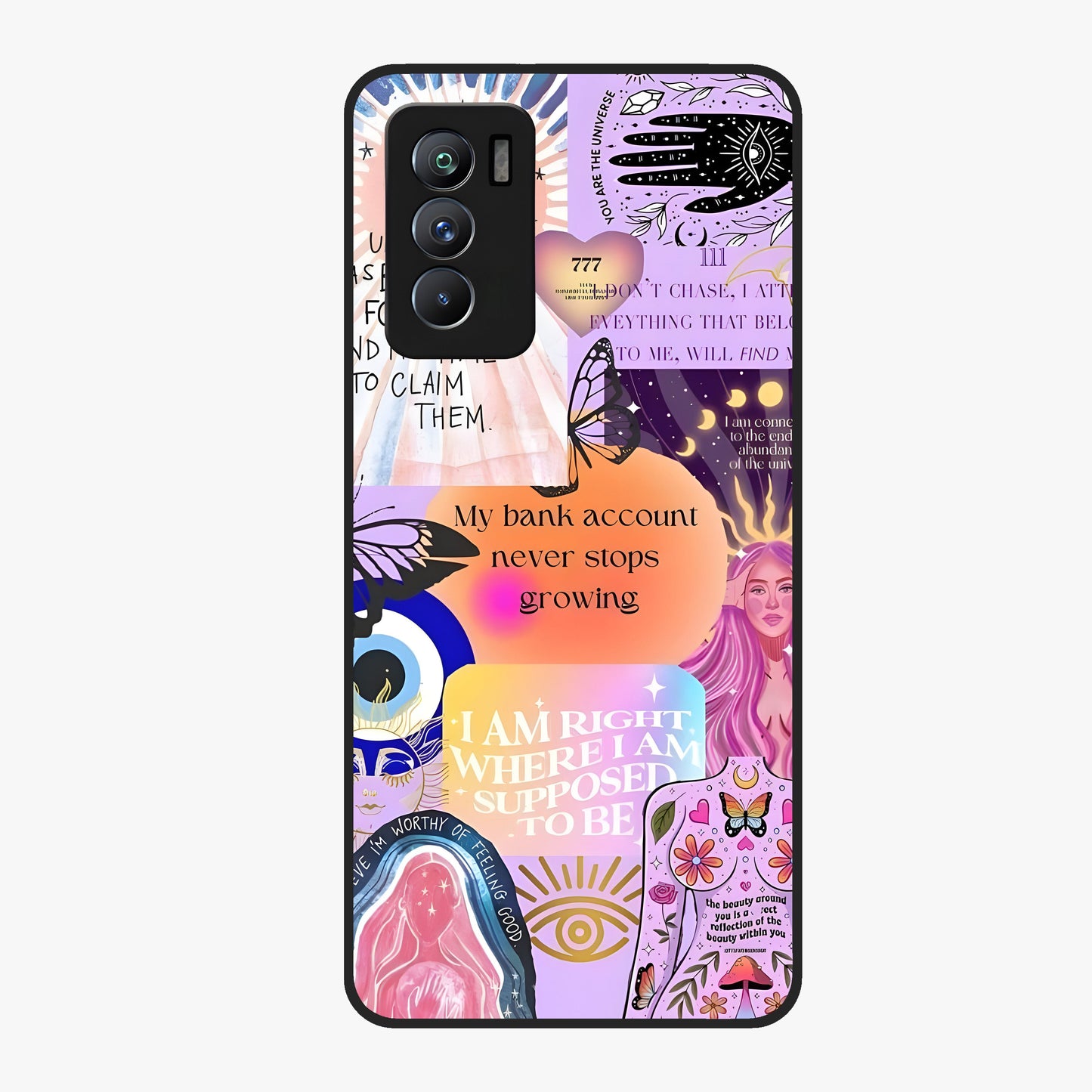 Manifestation Collage Glass Case showing flat back view with motivational collage artwork and glossy glass finish.