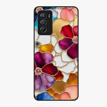 Marble Flower Pattern Glass Case showing flat back view with marble texture floral artwork and glossy glass finish.