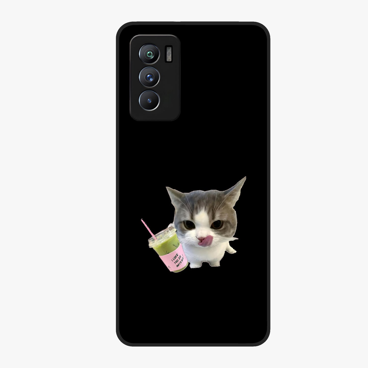 Matcha Cat Style Glass Case showing flat back view with cute matcha themed cat artwork and glossy glass finish.