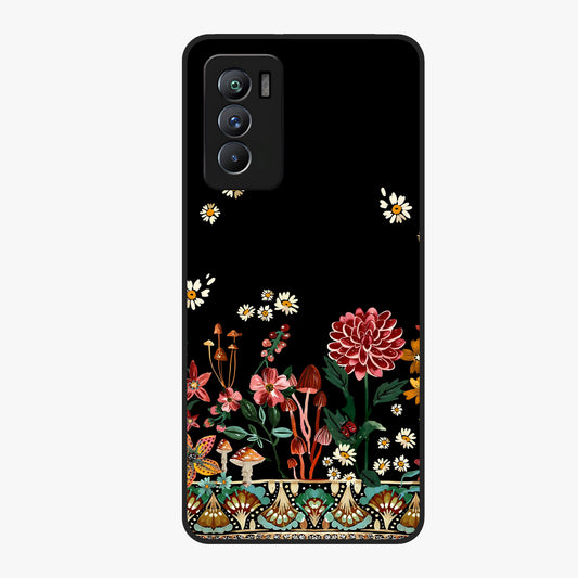 Midnight Bloom Pattern Glass Case showing flat back view with dark floral pattern artwork and glossy glass finish.