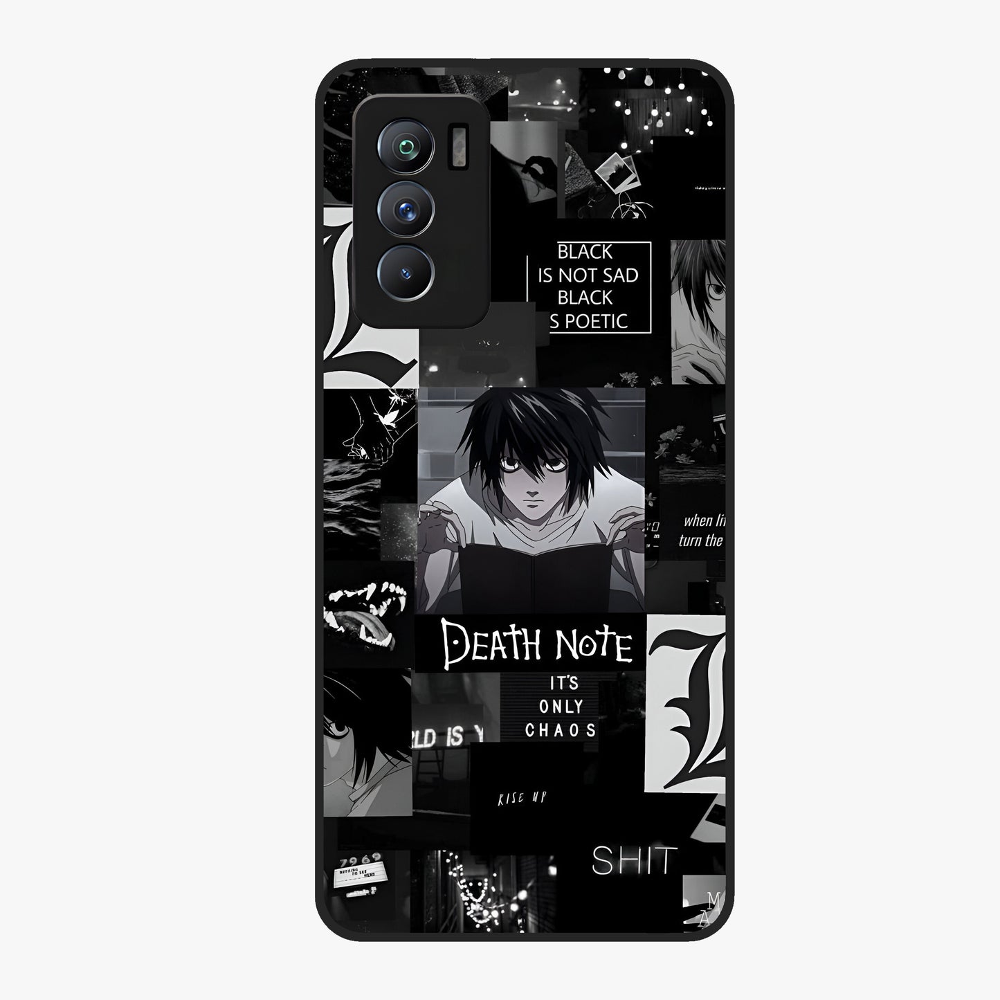 Midnight Chaos Mind Glass Case showing flat back view with abstract dark themed artwork and glossy glass finish.