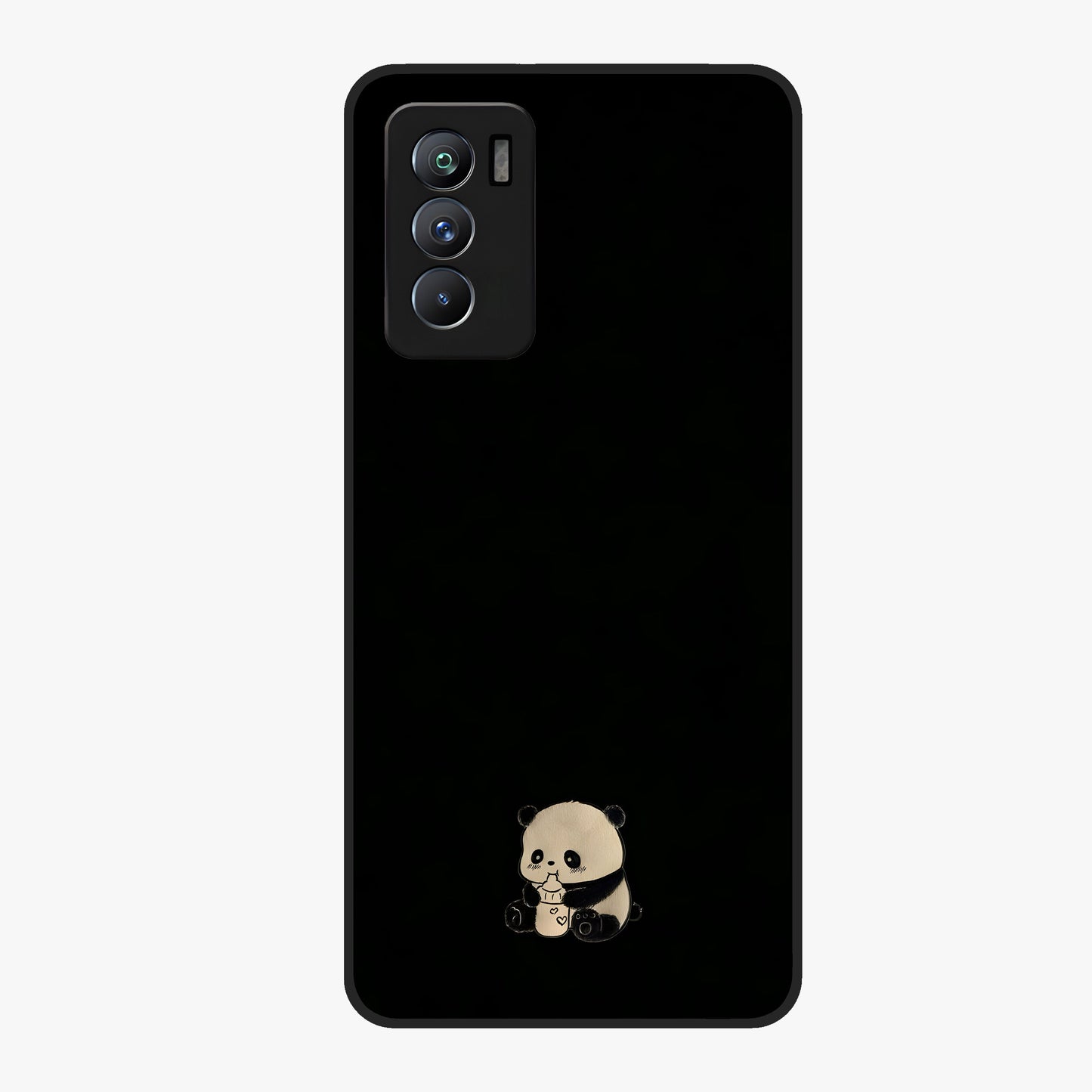 Midnight Panda Love Glass Case showing flat back view with cute panda themed artwork and glossy glass finish.