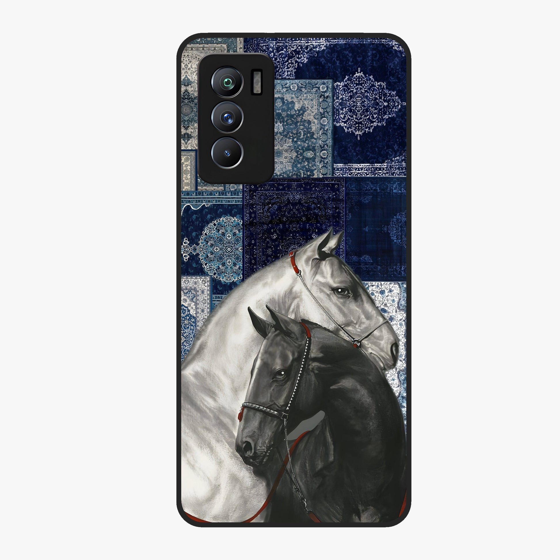 Midnight Stallion Blues Glass Case showing flat back view with majestic horse artwork and glossy glass finish.