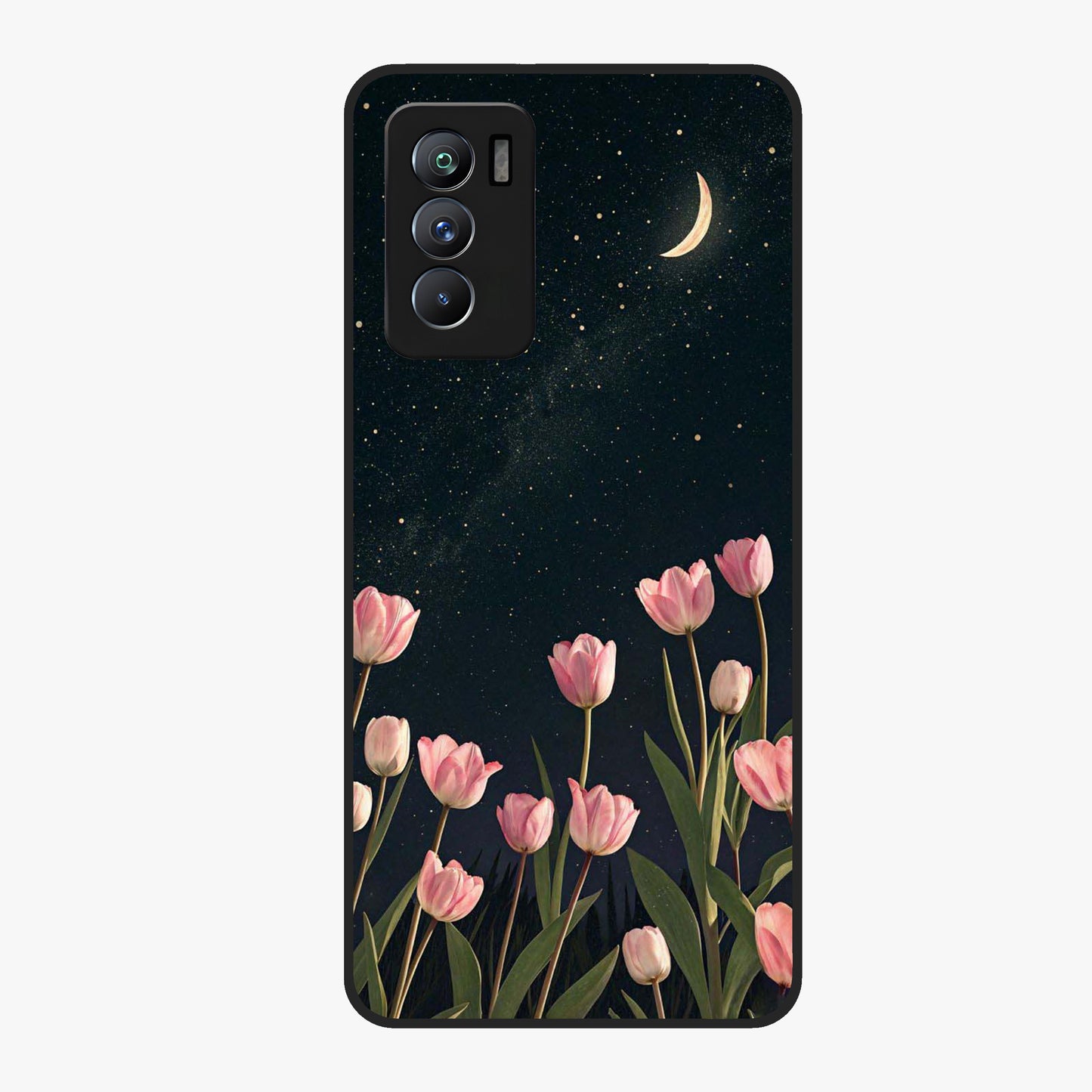 Midnight Tulip Whispers Vibe Glass Case showing flat back view with elegant tulip flower artwork and glossy glass finish.