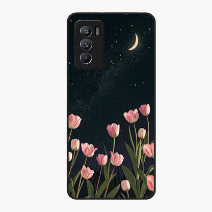 Midnight Tulip Whispers Vibe Glass Case showing flat back view with elegant tulip flower artwork and glossy glass finish.