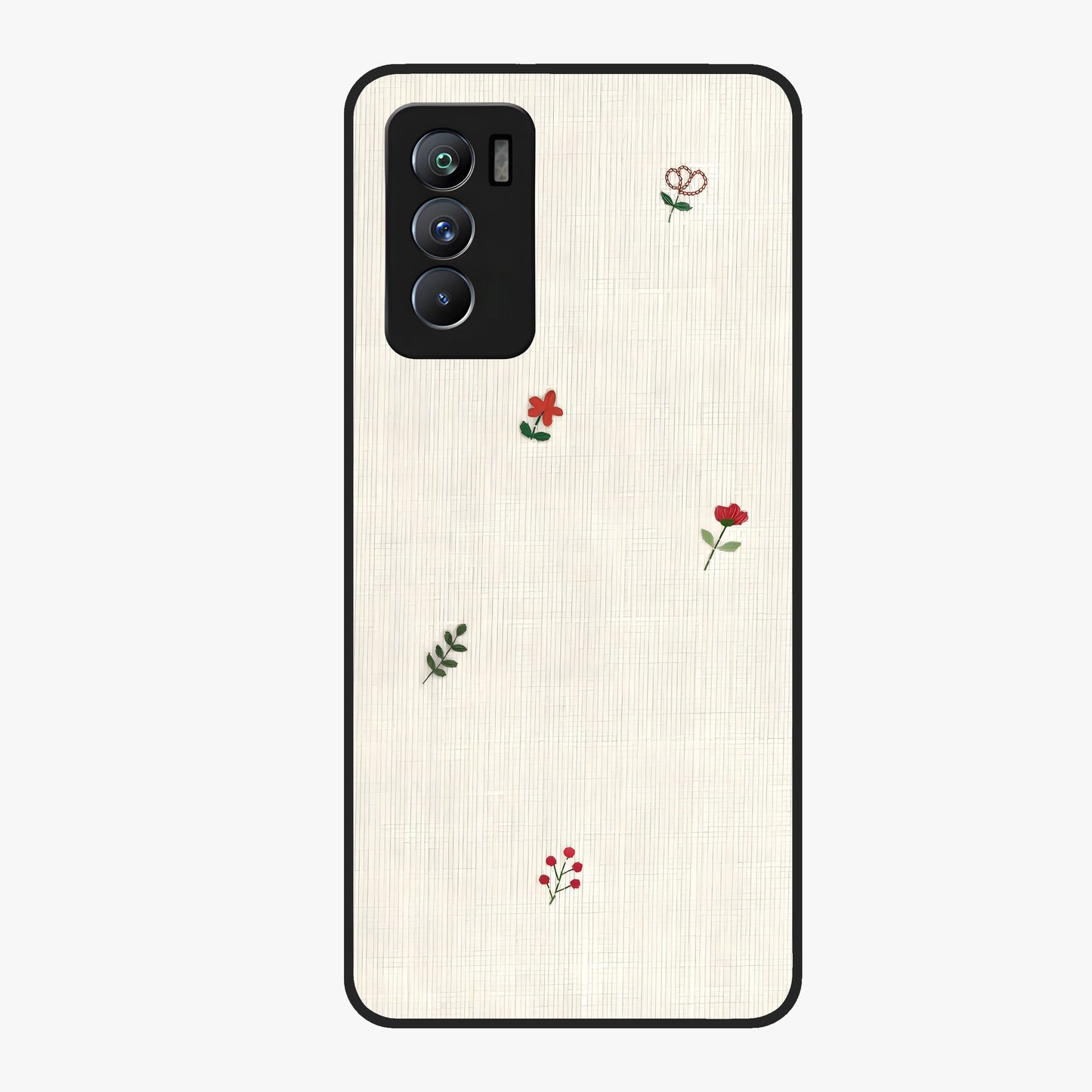 Minimal Petal Whispers Glass Case showing flat back view with soft minimal floral artwork and glossy glass finish.