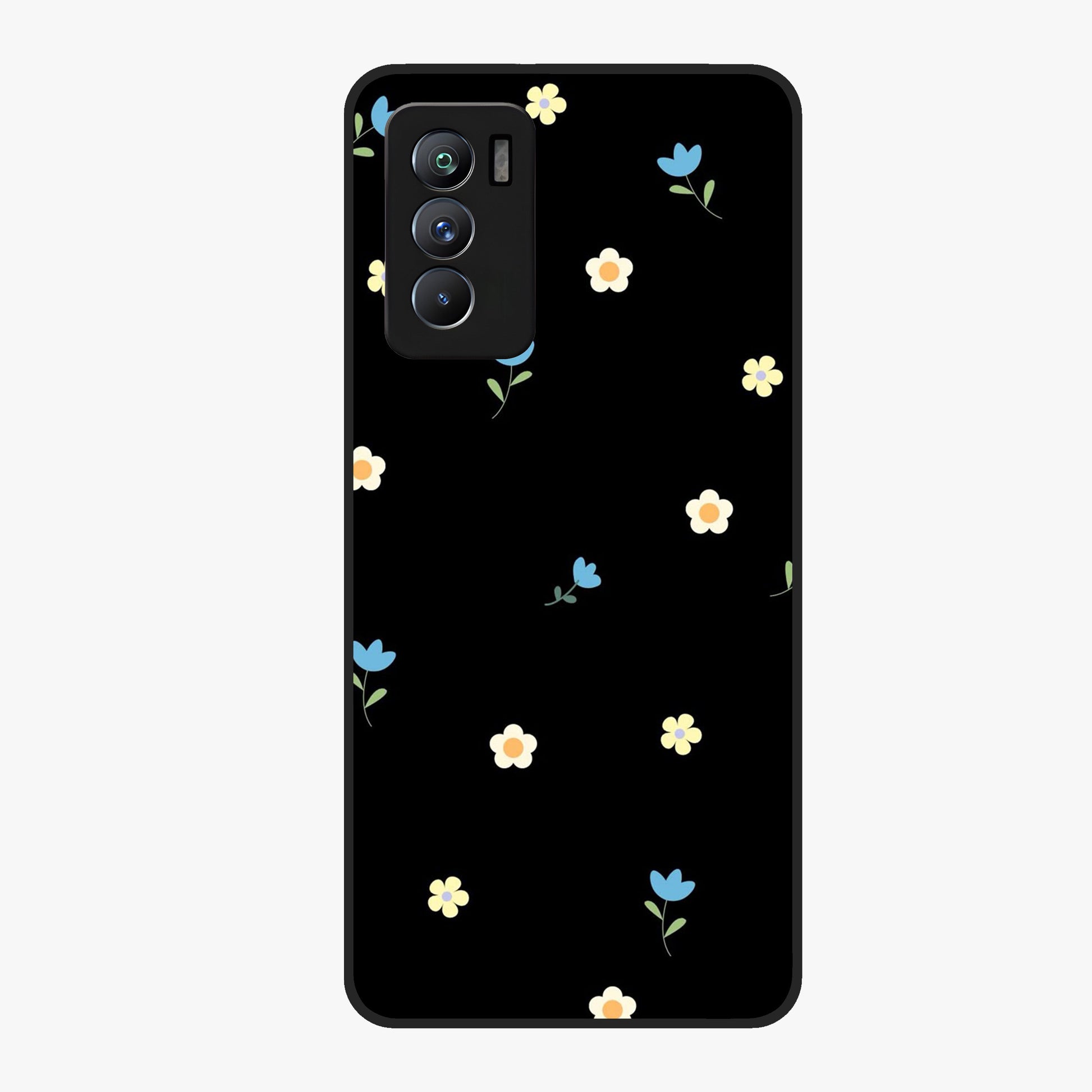 Minimalistic Blue With White Flower Pattern Glass Case showing flat back view with blue background and white flower pattern and glossy glass finish.