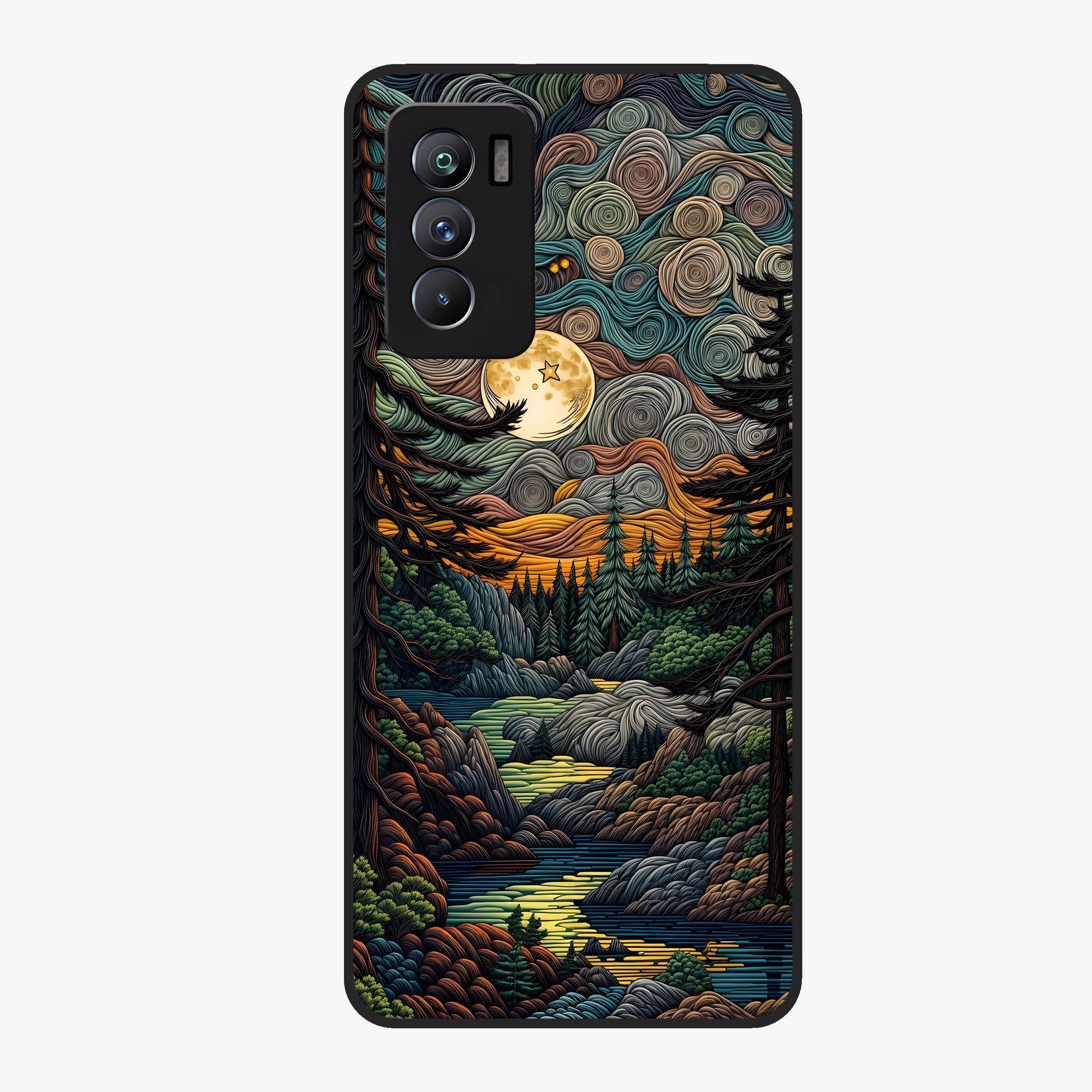 Moonlight Forest Dream Glass Case showing flat back view with mystical forest moonlight artwork and glossy glass finish.