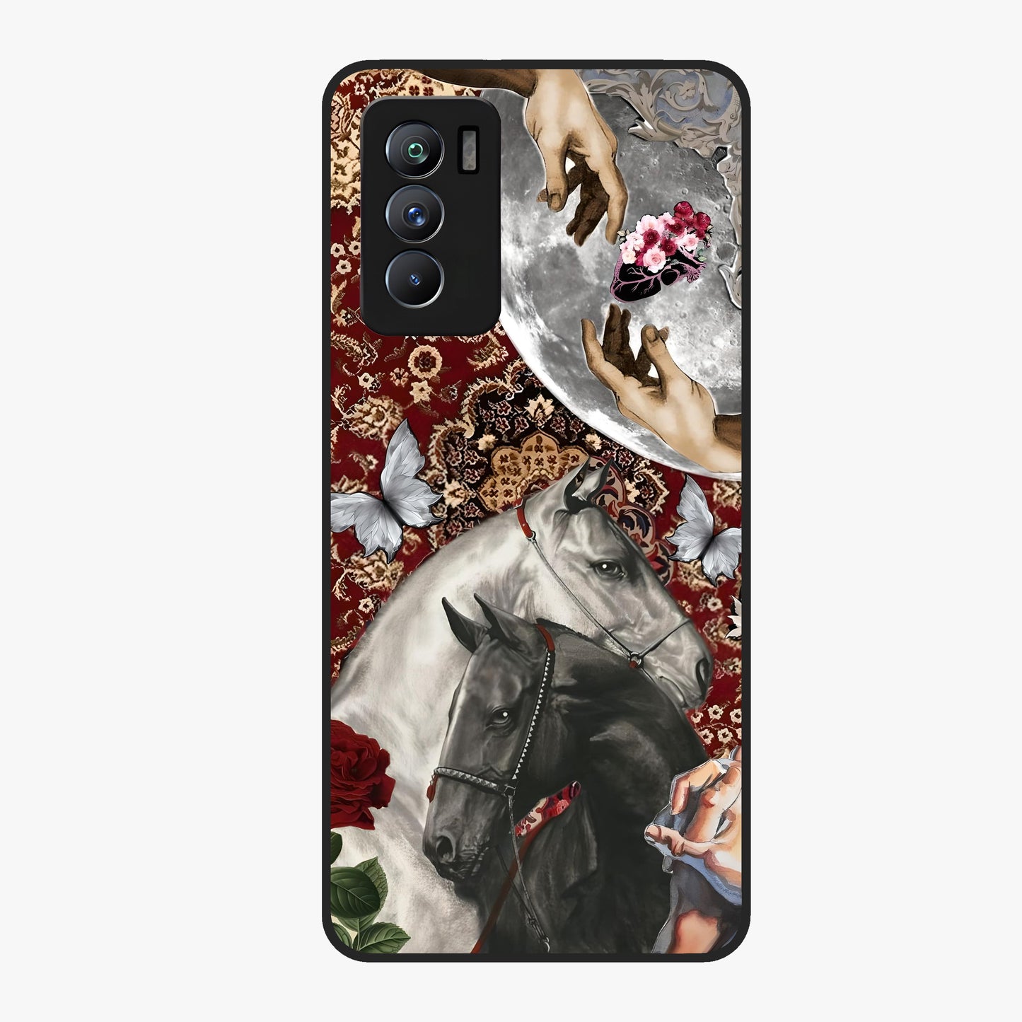 Moonlit Royal Stallion Glass Case showing flat back view with majestic horse under moonlight artwork and glossy glass finish.