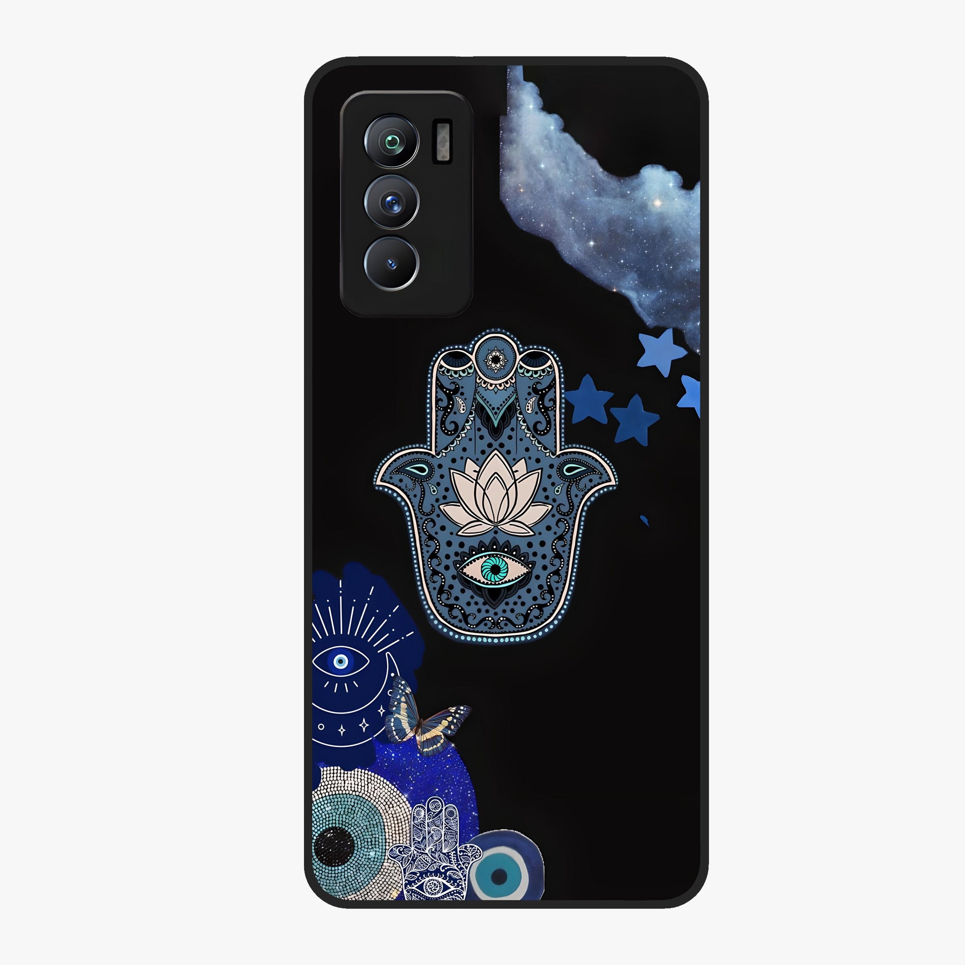 Mystic Hand Aura Glass Case showing flat back view with mystical hand symbol artwork and glossy glass finish.