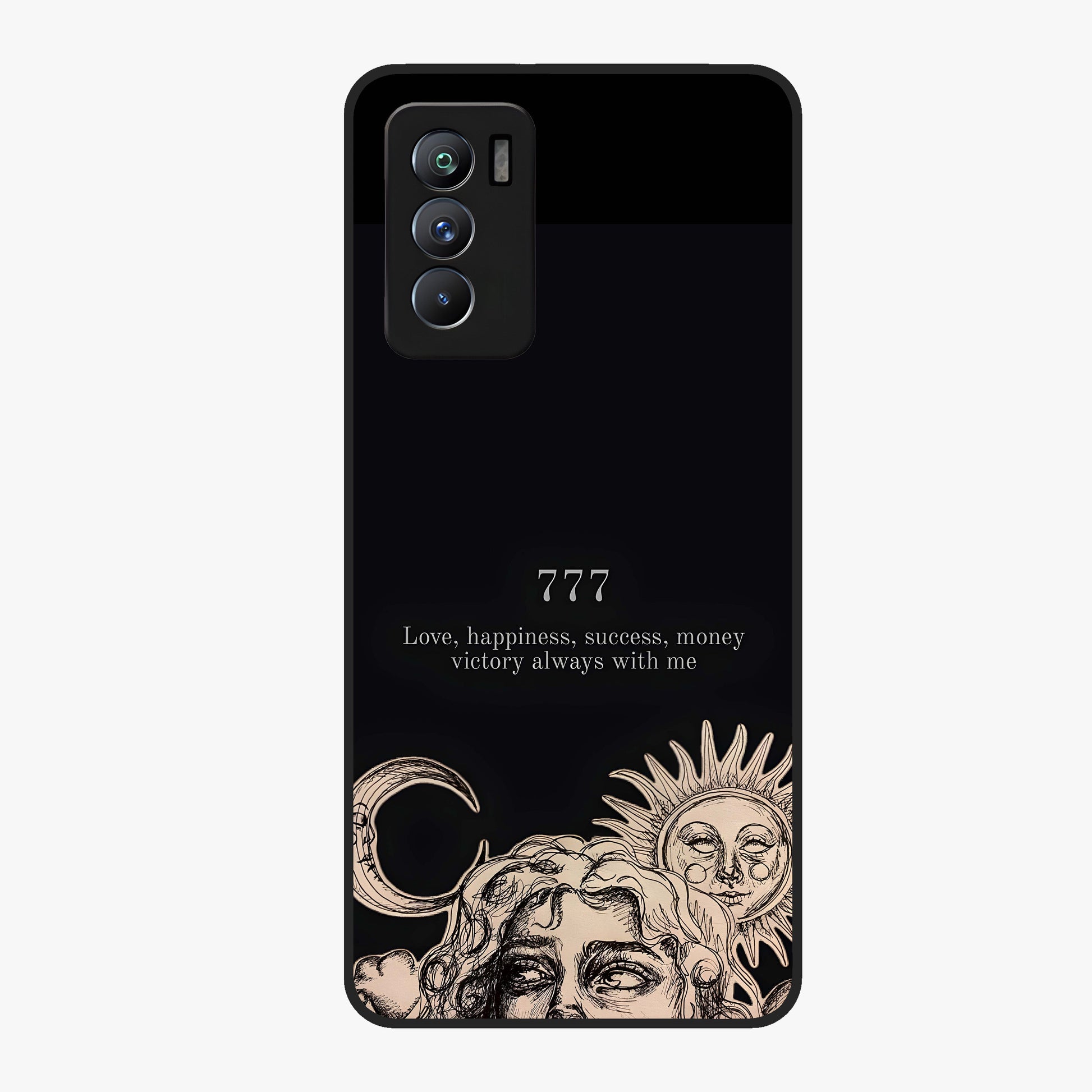 Mystic Victory Aura Glass Case showing flat back view with victory symbol artwork and glossy glass finish.