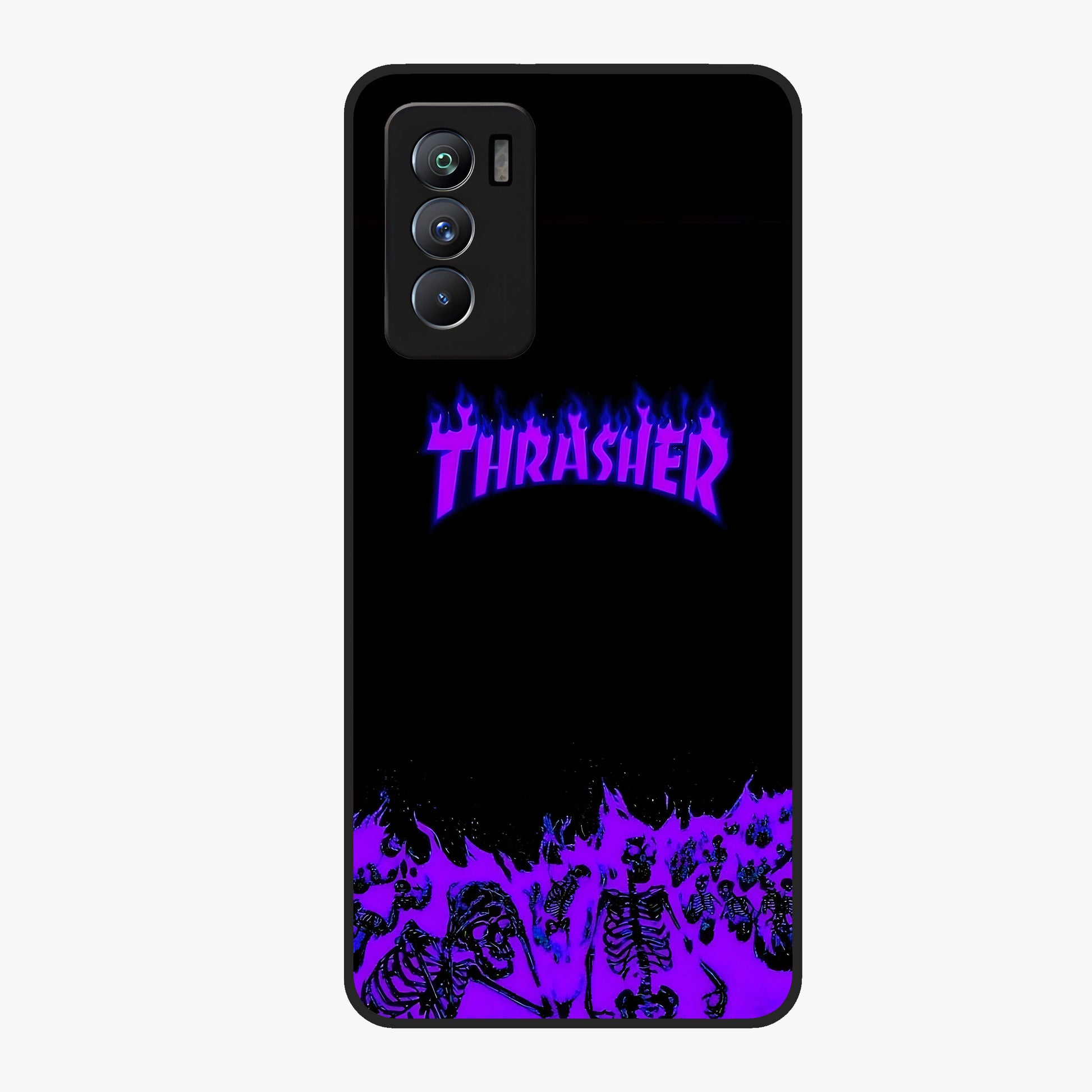 Neon Flame Riot Glass Case showing flat back view with neon flame artwork and glossy glass finish.
