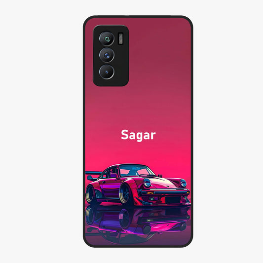 Neon Pink Porsche Glass Case showing flat back view with stylish sports car artwork and glossy glass finish.
