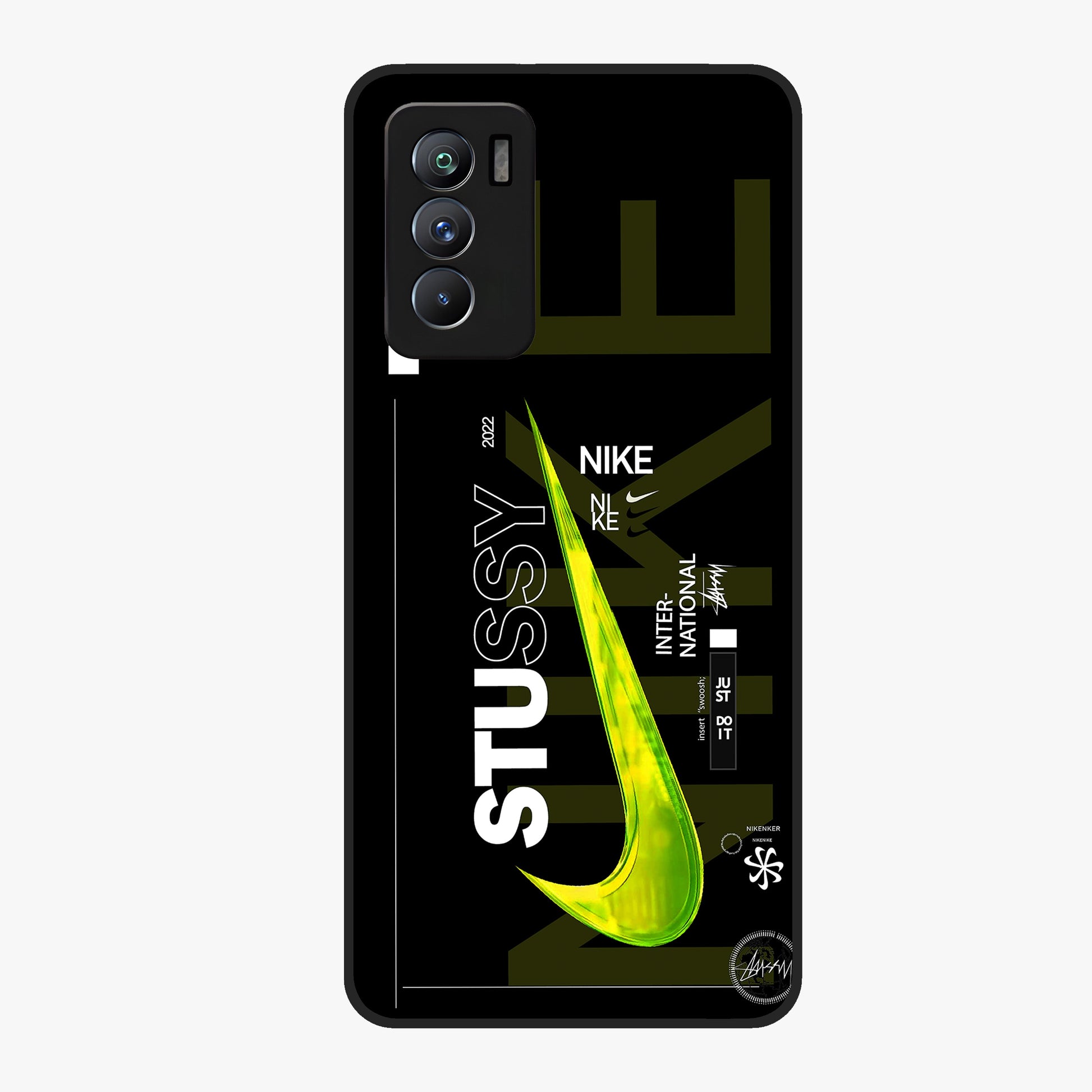 Neon Street Edition Glass Case showing flat back view with neon street style artwork and glossy glass finish.