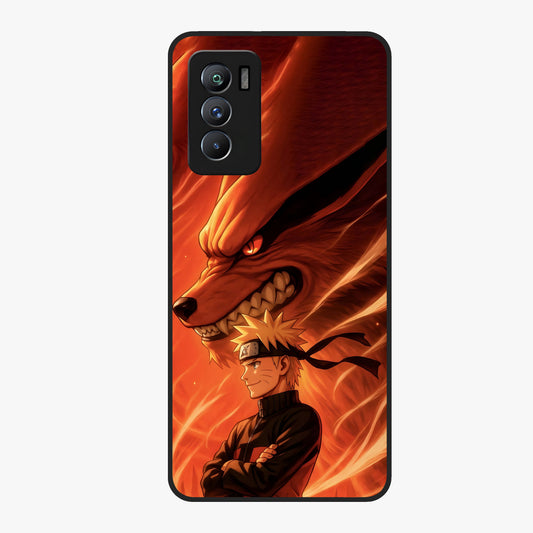Nine Tails Legacy Glass Case showing flat back view with powerful nine-tailed fox inspired artwork and glossy glass finish.