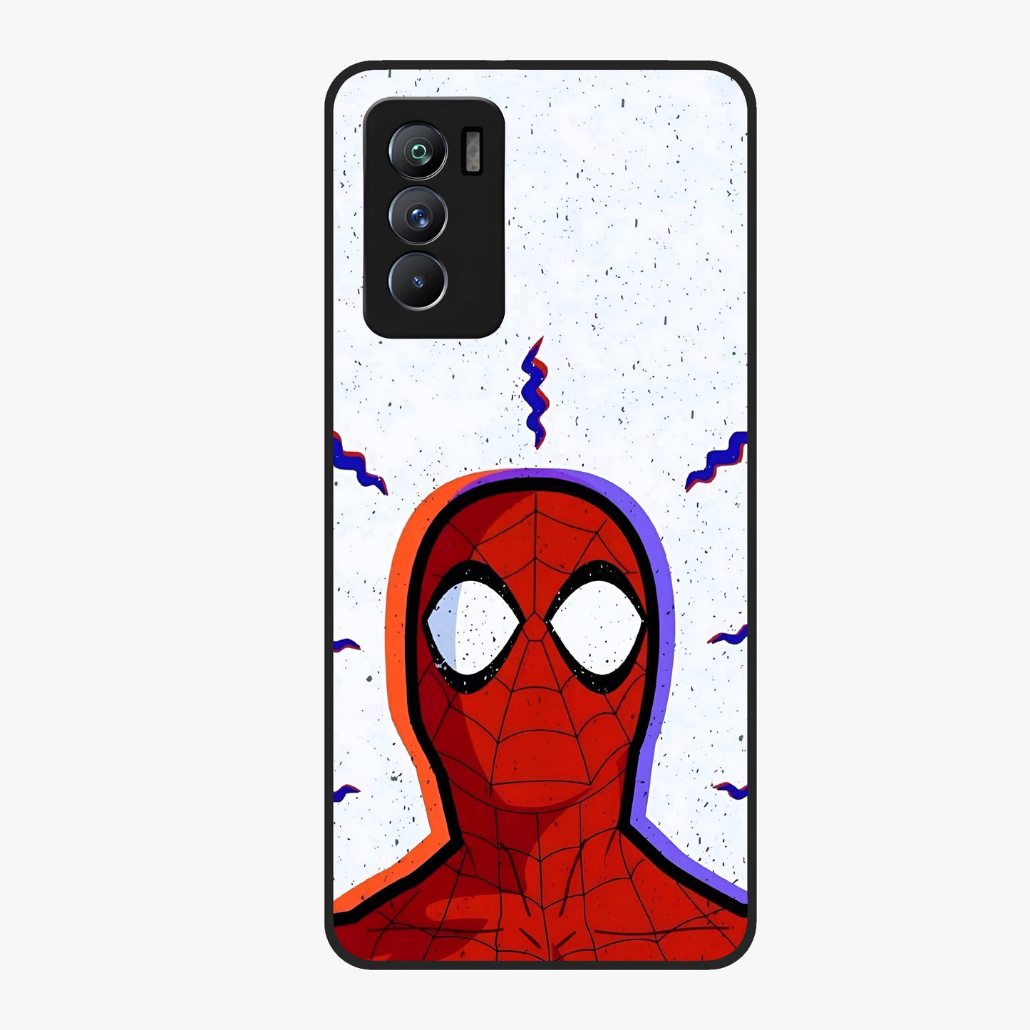 Omg Spiderman Glass Case showing flat back view with bold superhero inspired artwork and glossy glass finish.