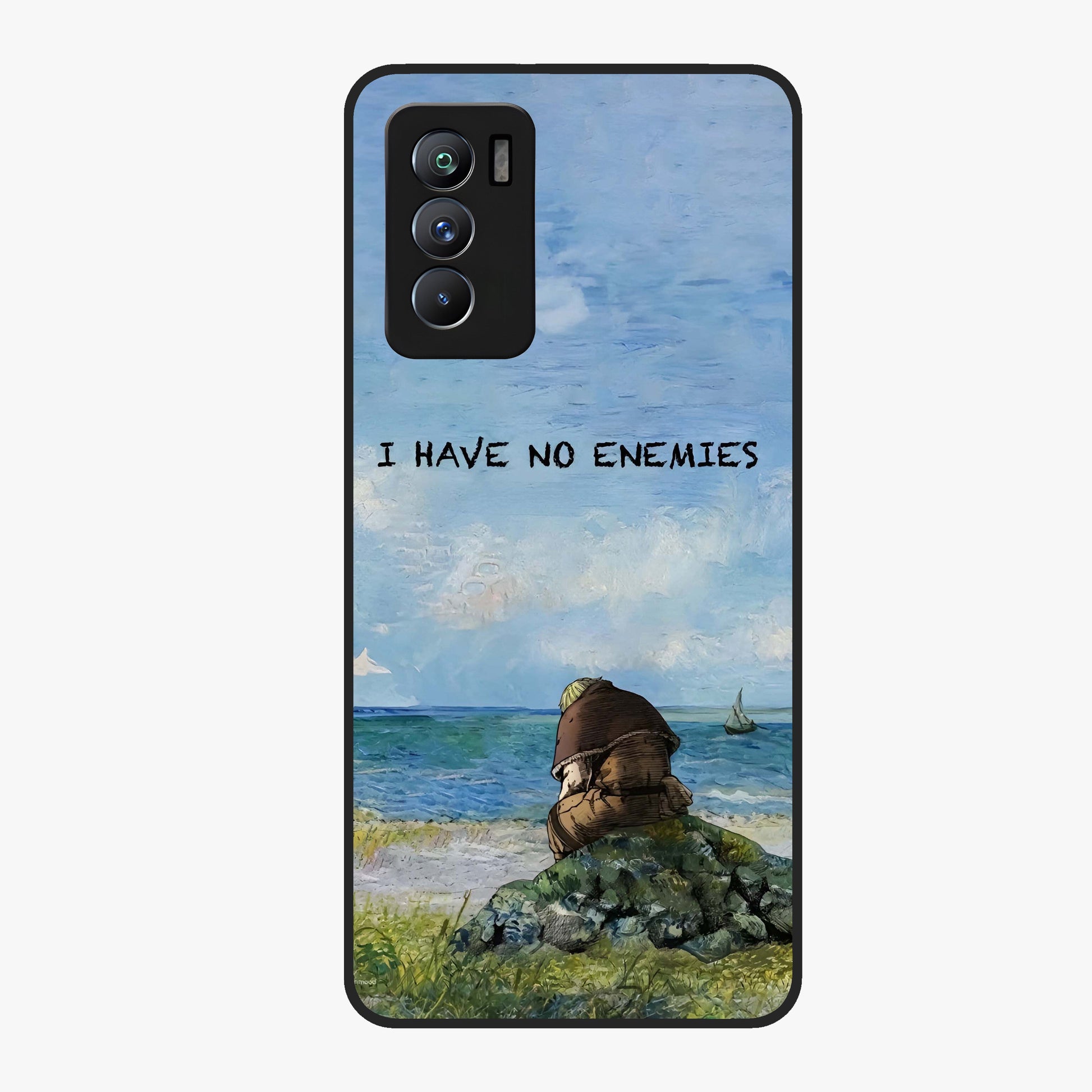 Peace Beyond War Glass Case showing flat back view with symbolic peace themed artwork and glossy glass finish.