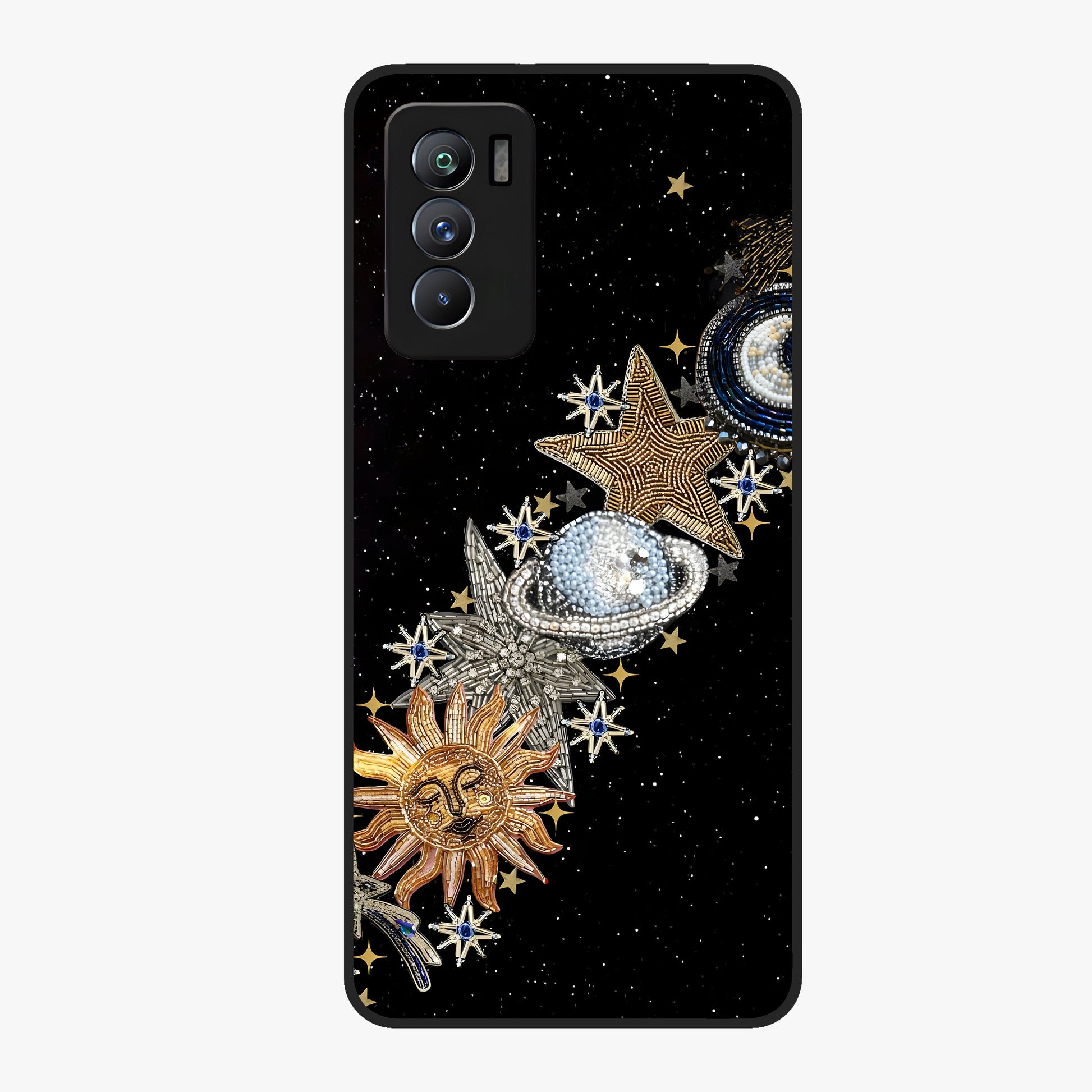 Pearls Universe Object Glass Case showing flat back view with pearl inspired cosmic artwork and glossy glass finish.