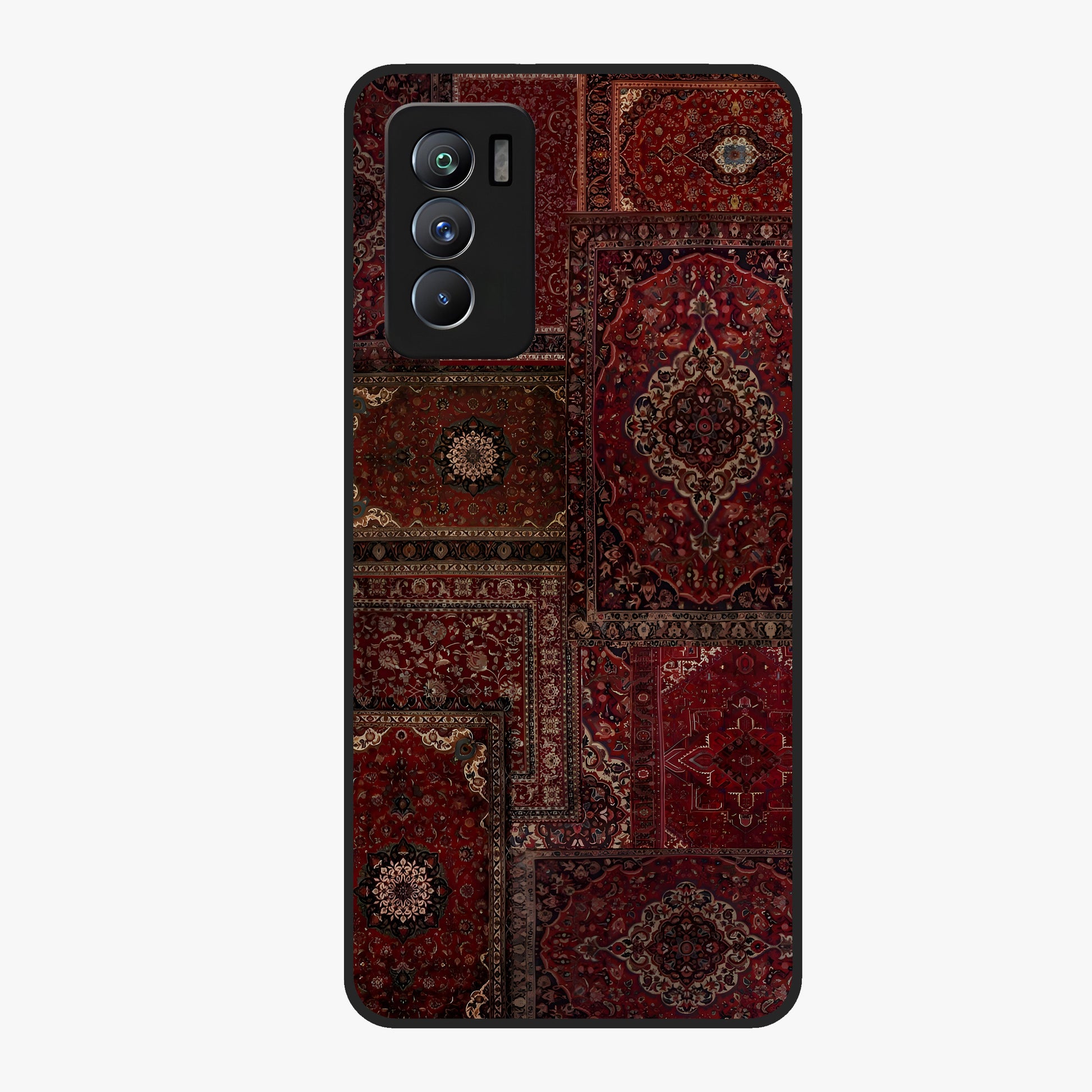 Persian Velvet Tale Glass Case showing flat back view with luxurious Persian velvet pattern artwork and glossy glass finish.