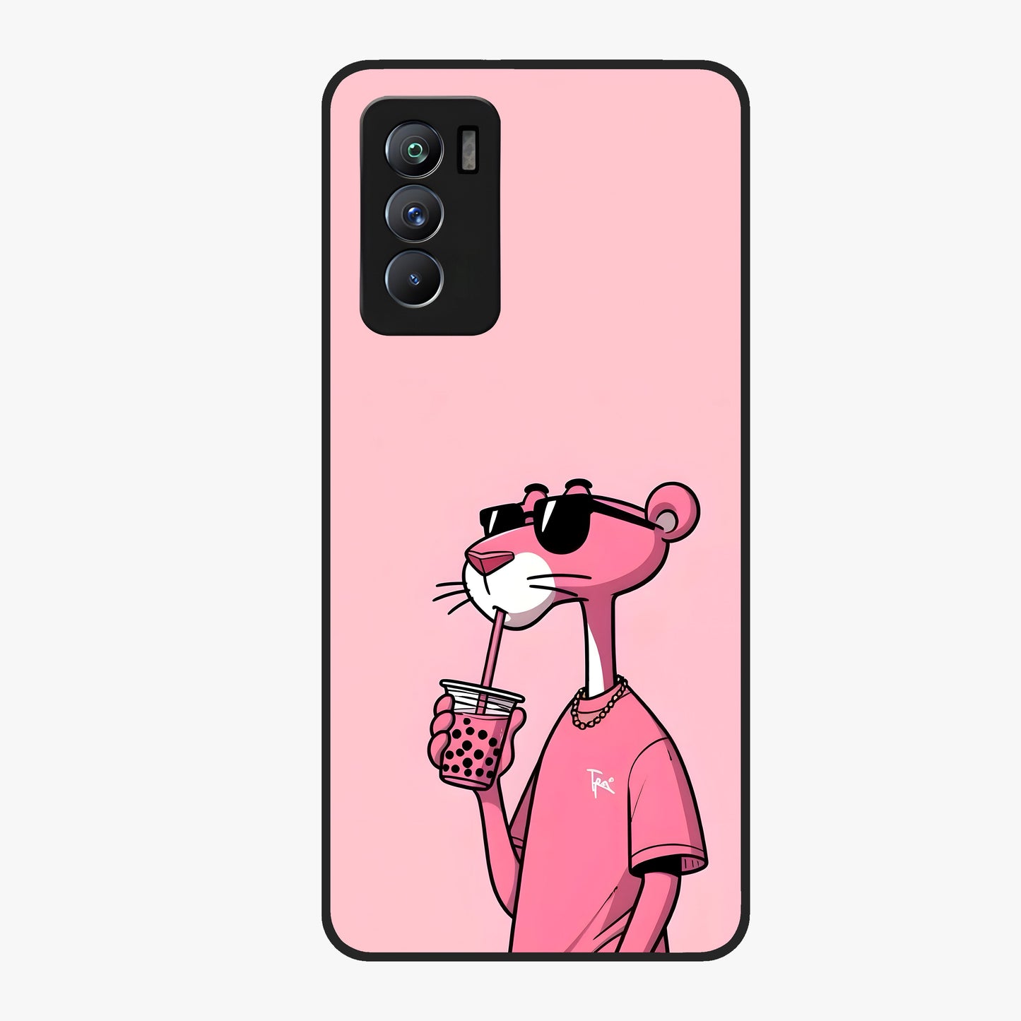 Pink Panther Glass Case showing flat back view with iconic pink panther artwork and glossy glass finish.
