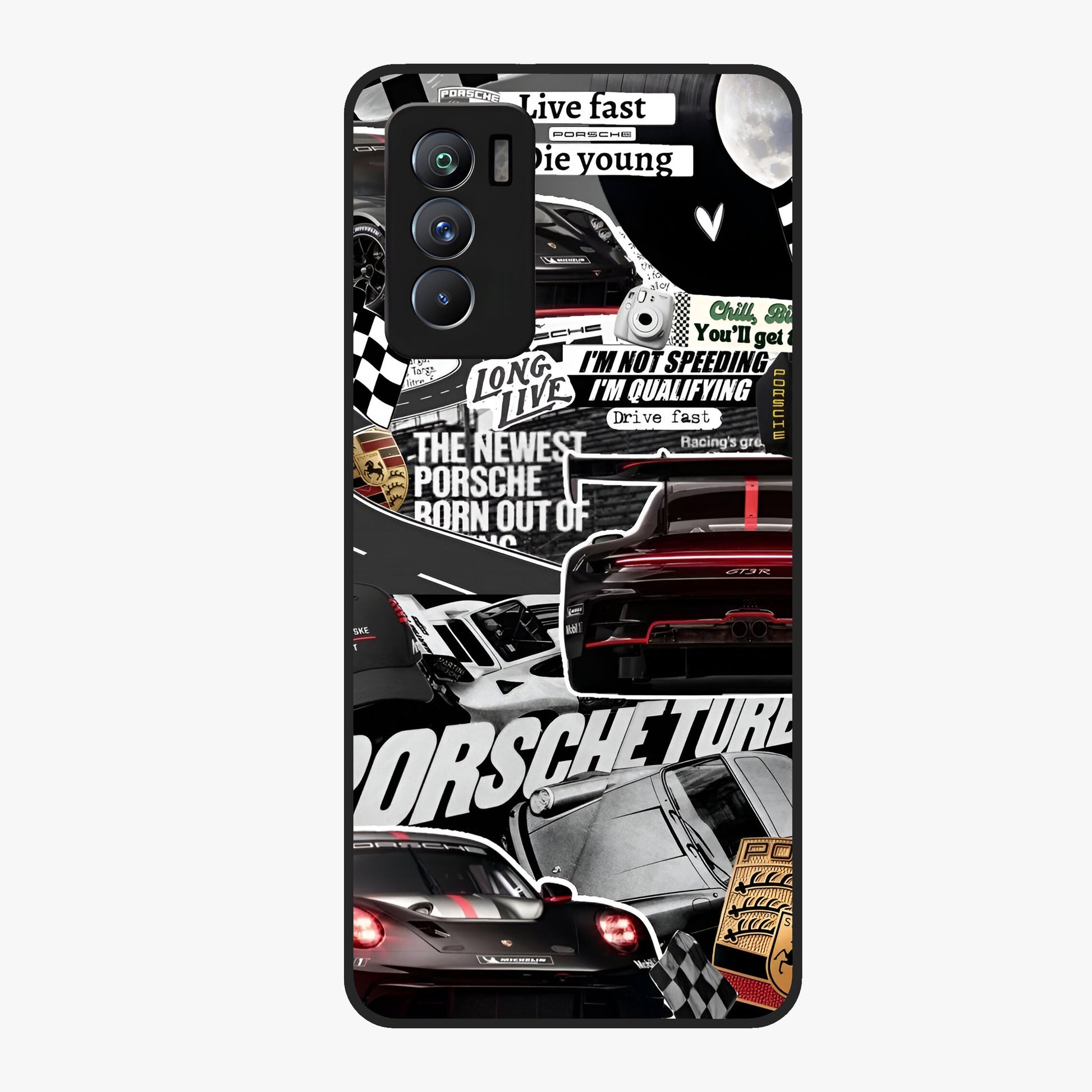 Porsche Racing Collage Glass Case showing flat back view with sports car racing collage artwork and glossy glass finish.