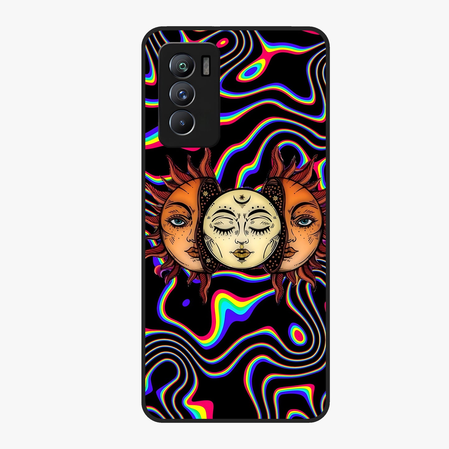 Psychedelic Sun Glass Case showing flat back view with colorful psychedelic sun artwork and glossy glass finish.