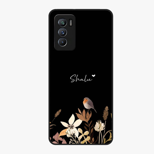 Quiet Garden Tune Custom Name Glass Case showing flat back view with peaceful garden artwork and personalized name design.