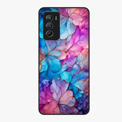 Radiant Floral Whirl Glass Case showing flat back view with swirling floral artwork and glossy glass finish.