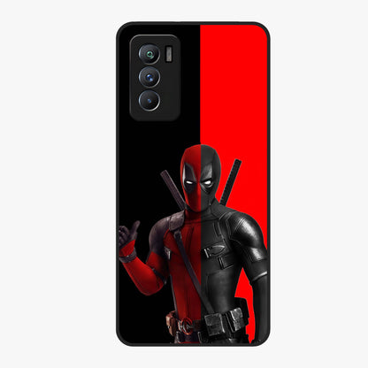 Red & Black Deadpool Theme Glass Case showing flat back view with bold comic inspired artwork and glossy glass finish.