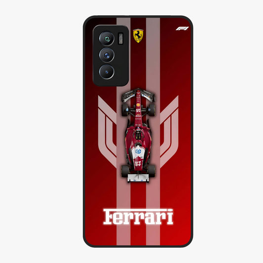 Red Ferrari F1 Vertical Glass Case showing flat back view with sleek Formula racing car artwork and glossy glass finish.