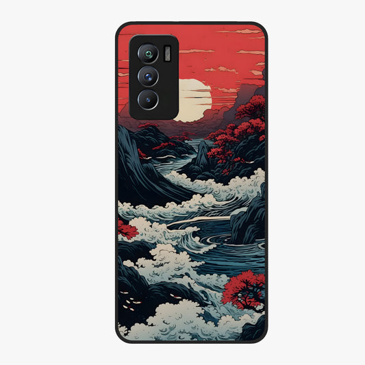 Red Sunset Scenery Glass Case showing flat back view with vibrant sunset landscape artwork and glossy glass finish.