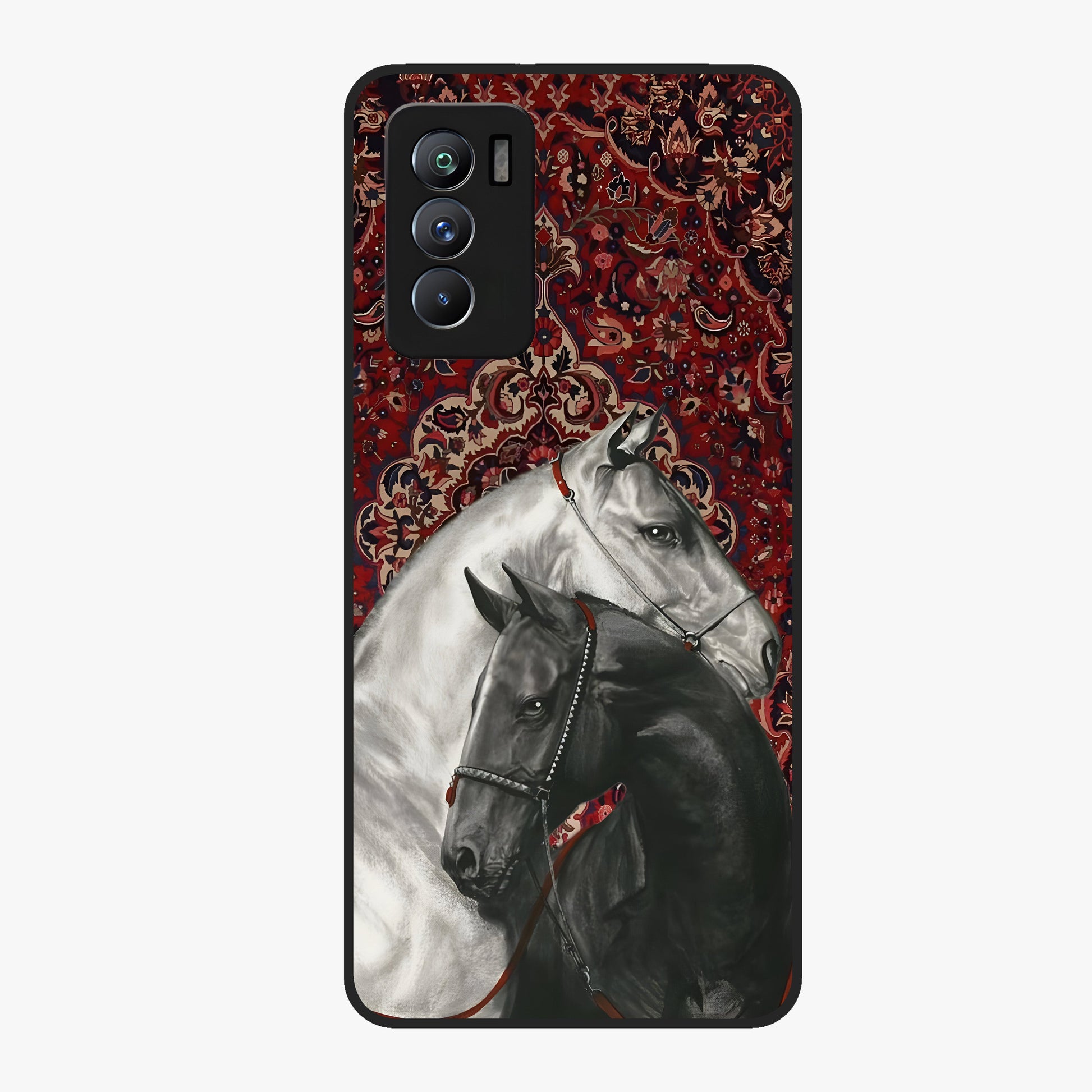 Regal Stallion Tapestry Glass Case showing flat back view with majestic horse tapestry artwork and glossy glass finish.