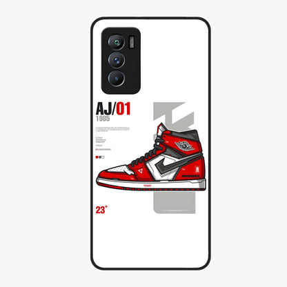 Retro Sneaker Blueprint Glass Case showing flat back view with sneaker blueprint style artwork and glossy glass finish.