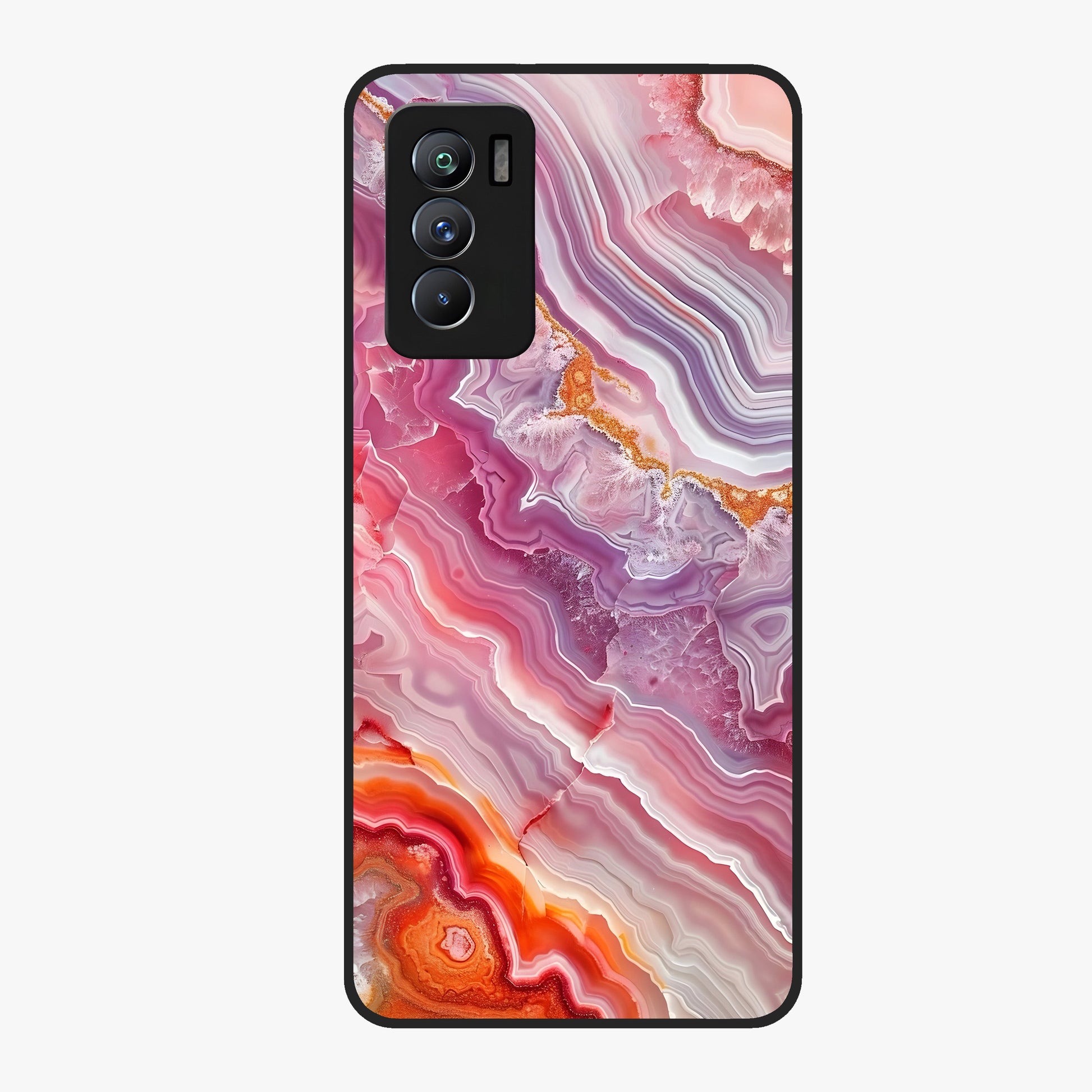 Rose Quartz Marble Glass Case showing flat back view with pink marble quartz texture artwork and glossy glass finish.