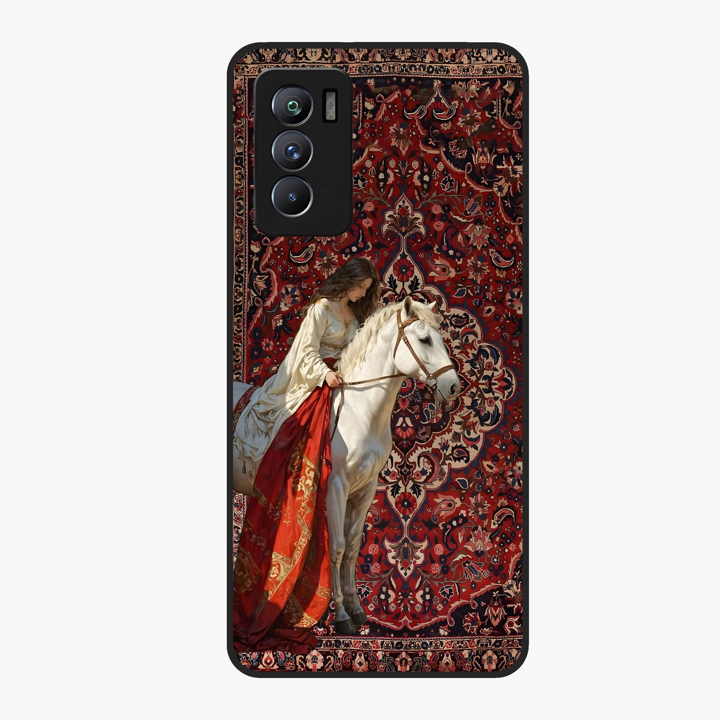 Royal Rider Tapestry Glass Case showing flat back view with majestic horse rider tapestry artwork and glossy glass finish.