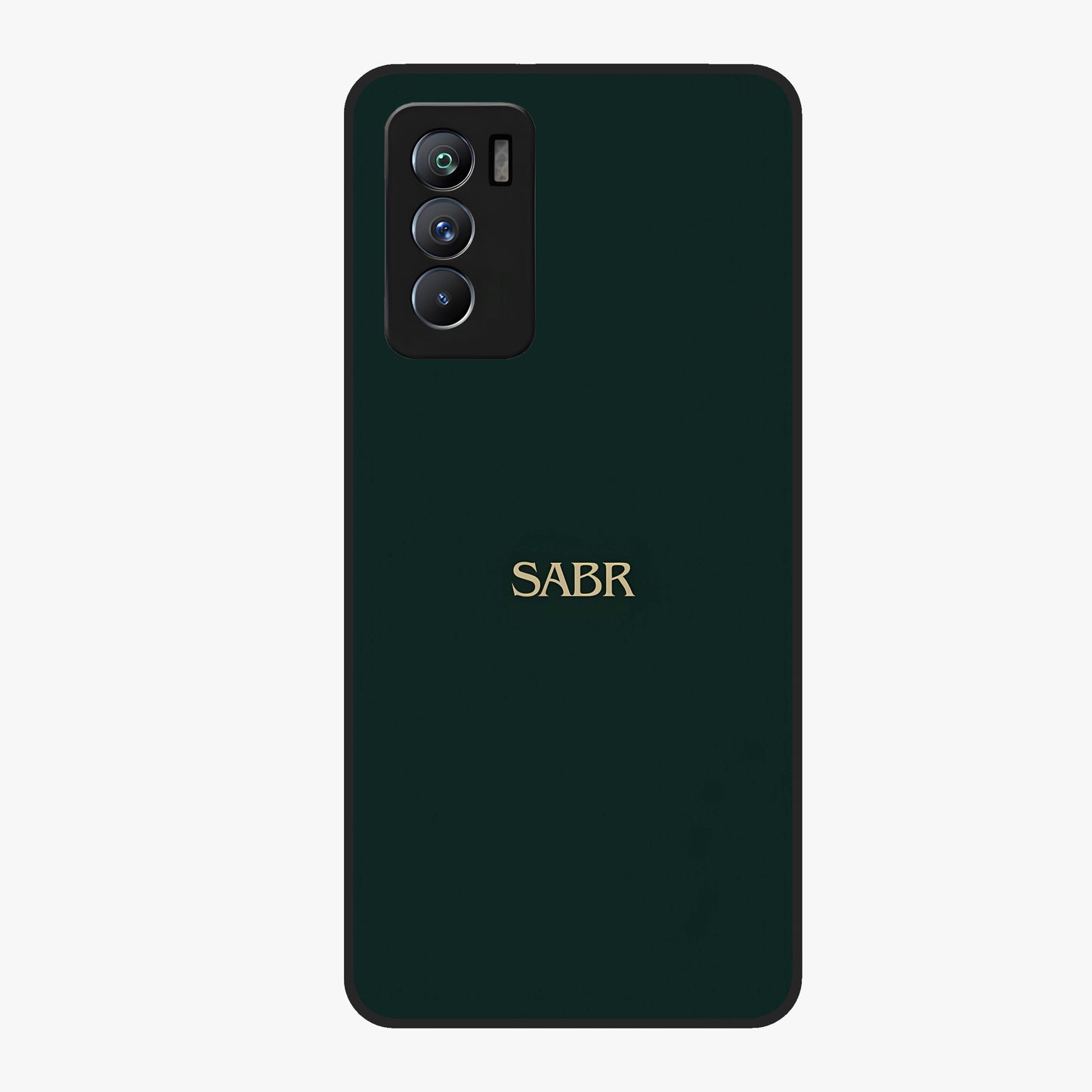 Sabr Minimal Patience Glass Case showing flat back view with minimalist typography artwork and glossy glass finish.