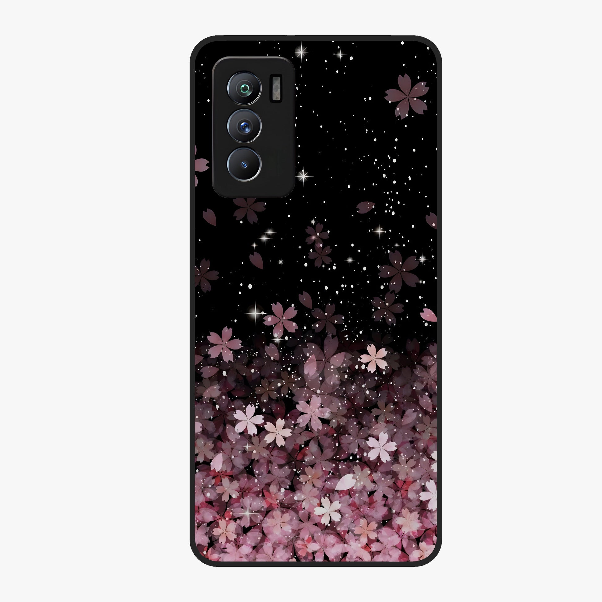 Small Starry Flowers Glass Case showing flat back view with delicate starry floral artwork and glossy glass finish.