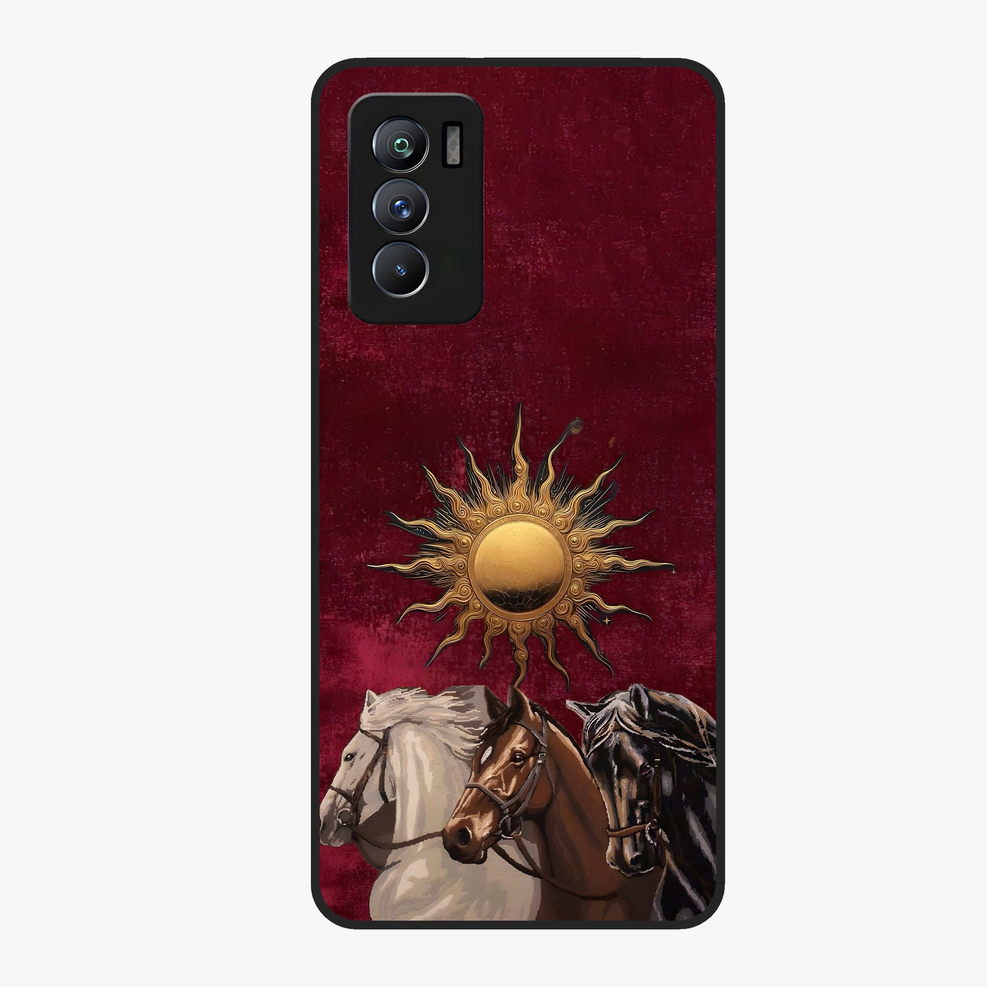 Solar Riders Glass Case showing flat back view with dynamic rider themed artwork and glossy glass finish.